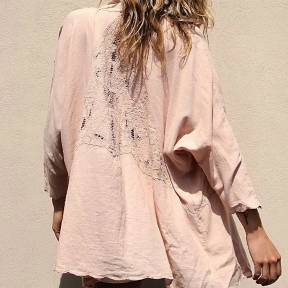 New Free People Cool Nights Crochet Conch Pink Cardigan Short Duster Kimono Sz S